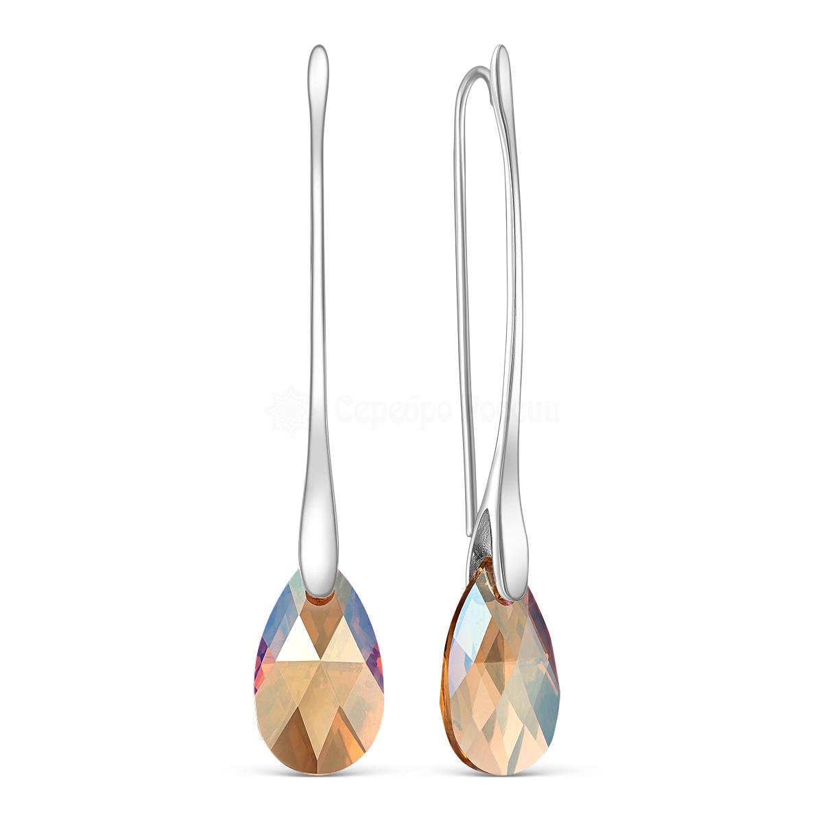 Серьги женские длинные из серебра с кристаллом премиум Австрия цвета Сияющий оранжевый родированные с-020-246SHIM