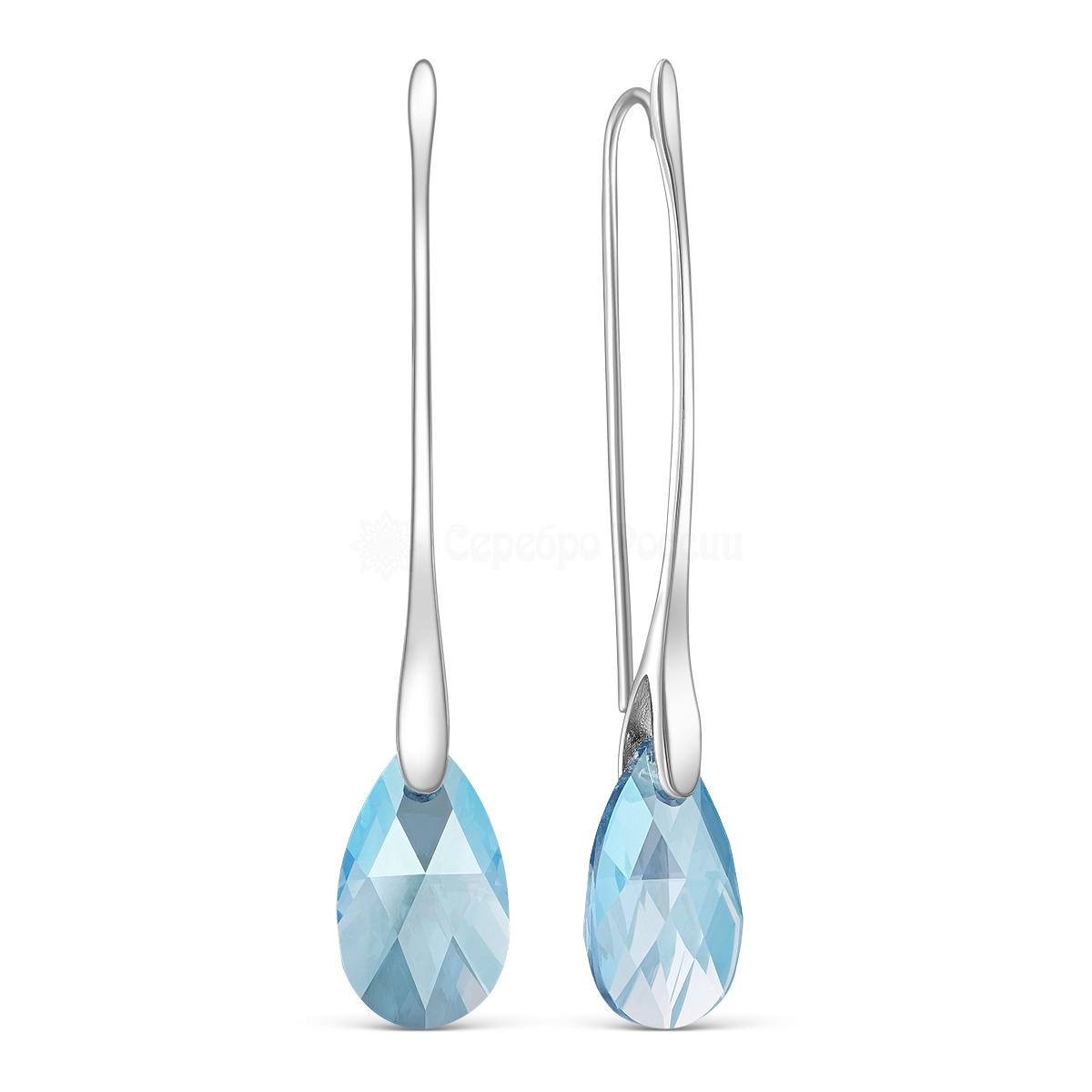 Серьги женские длинные из серебра с кристаллом премиум Австрия цвета Сияющий голубой родированные с-020-202SHIM