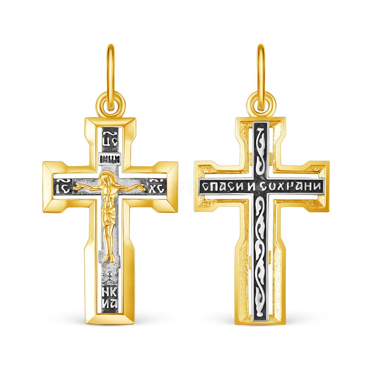 Крест из чернёного серебра и золочёнием - Спаси и сохрани, 3,4 см К3-595чз