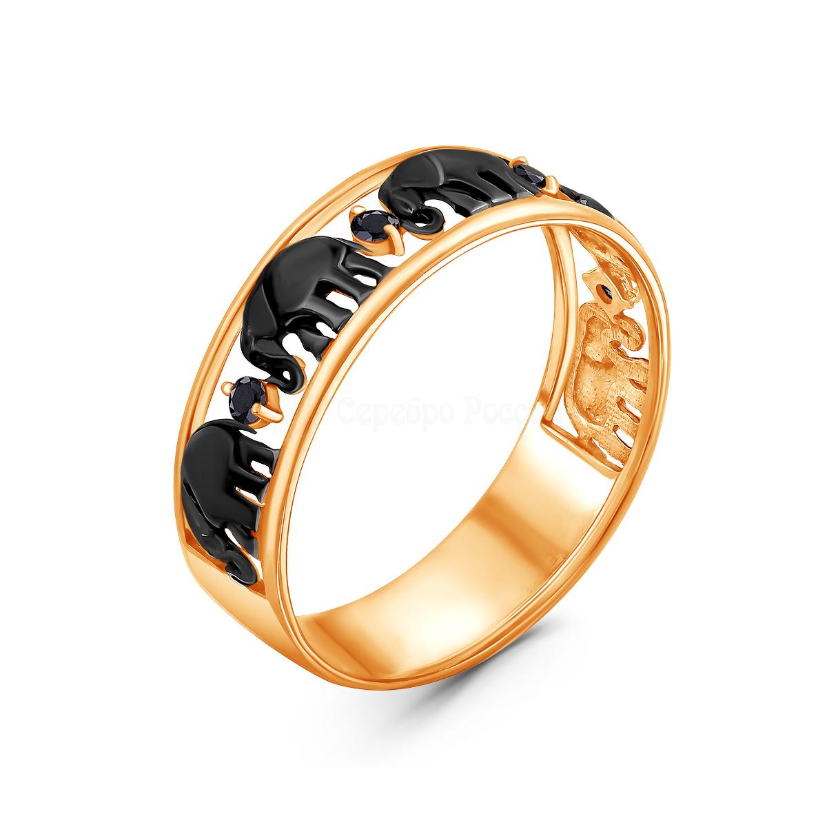 Кольцо из золочёного серебра с чёрными фианитами и родированием - Пять слонов 1-3207зч216