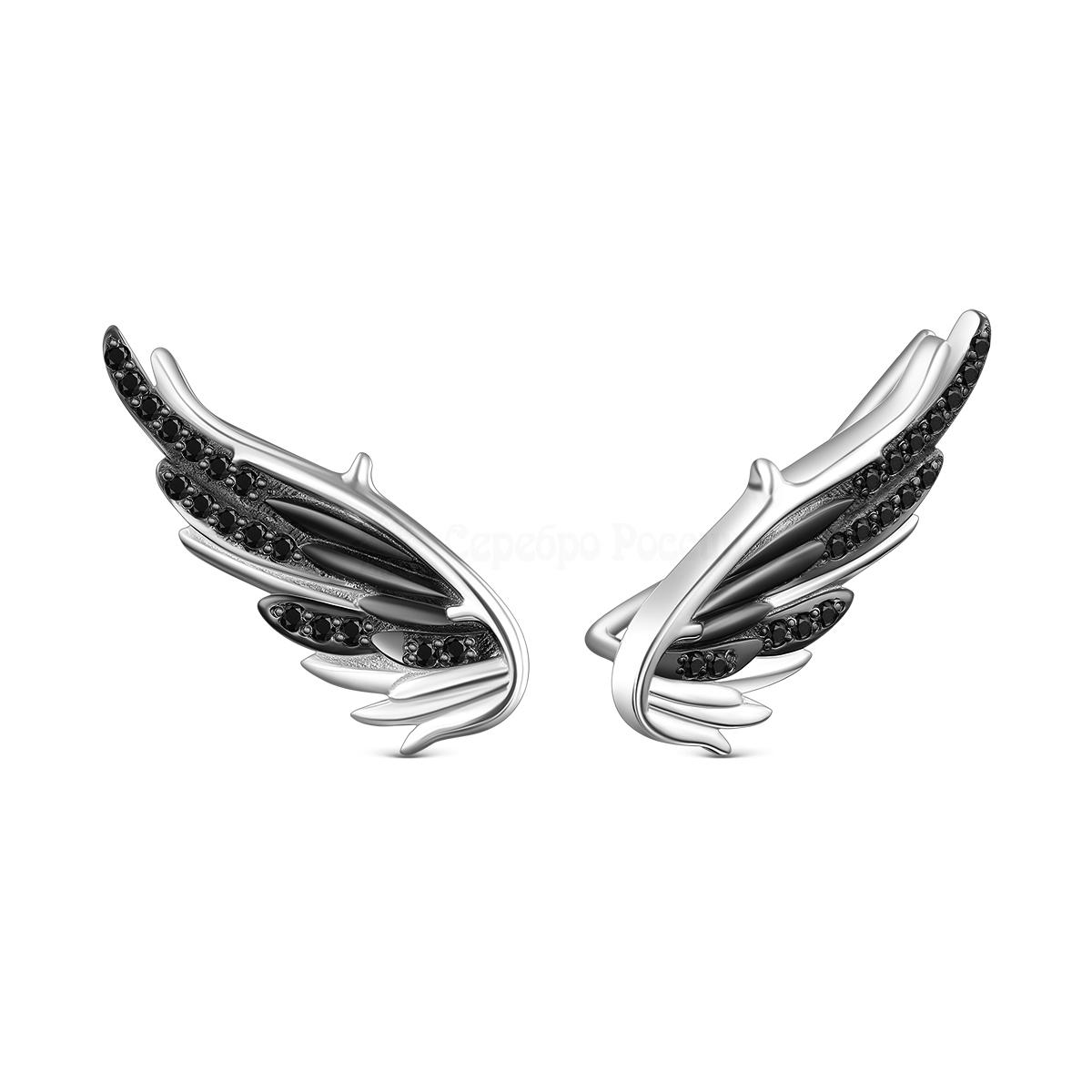 Серьги каффы из серебра с натуральной шпинелью родированные - Крылья 2-409рч416