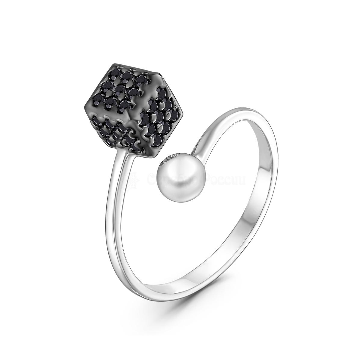Кольцо Куб разъёмное из серебра с натуральной чёрной шпинелью родированное К-7629рч416