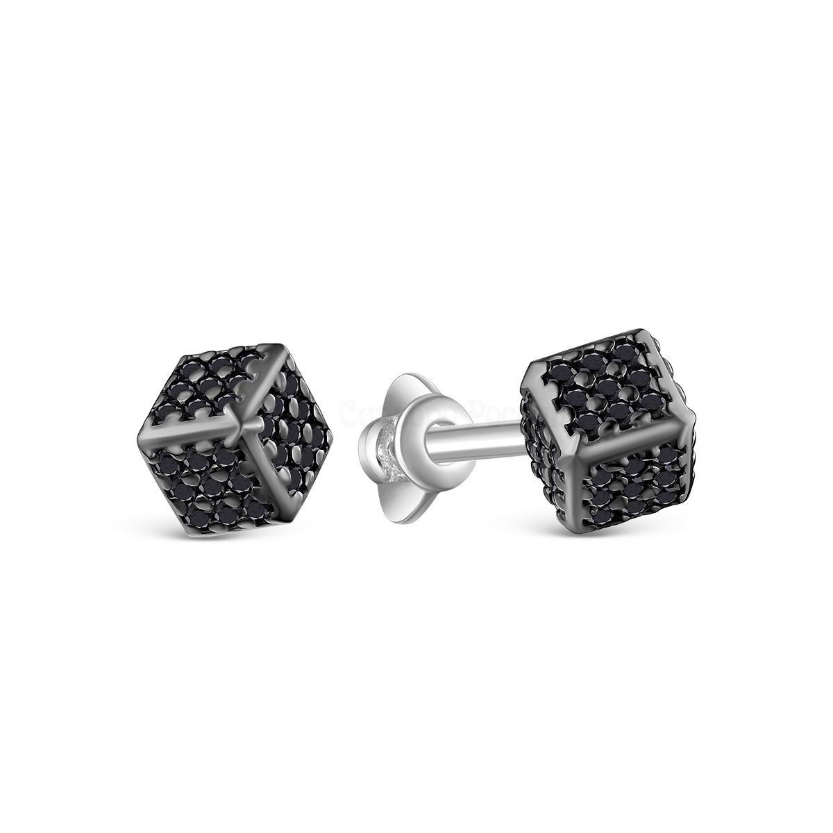 Серьги-пусеты Кубики из серебра с натуральной чёрной шпинелью родированные С-7629рч416