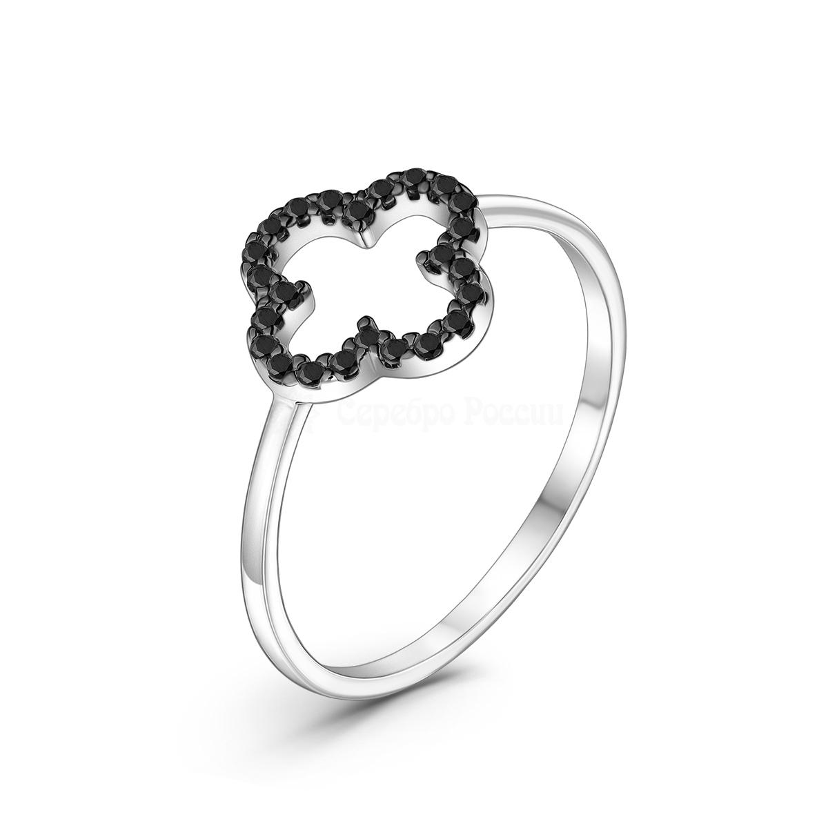 Кольцо из серебра с натуральной чёрной шпинелью родированное - Клевер, четырехлистник к-7351чр416