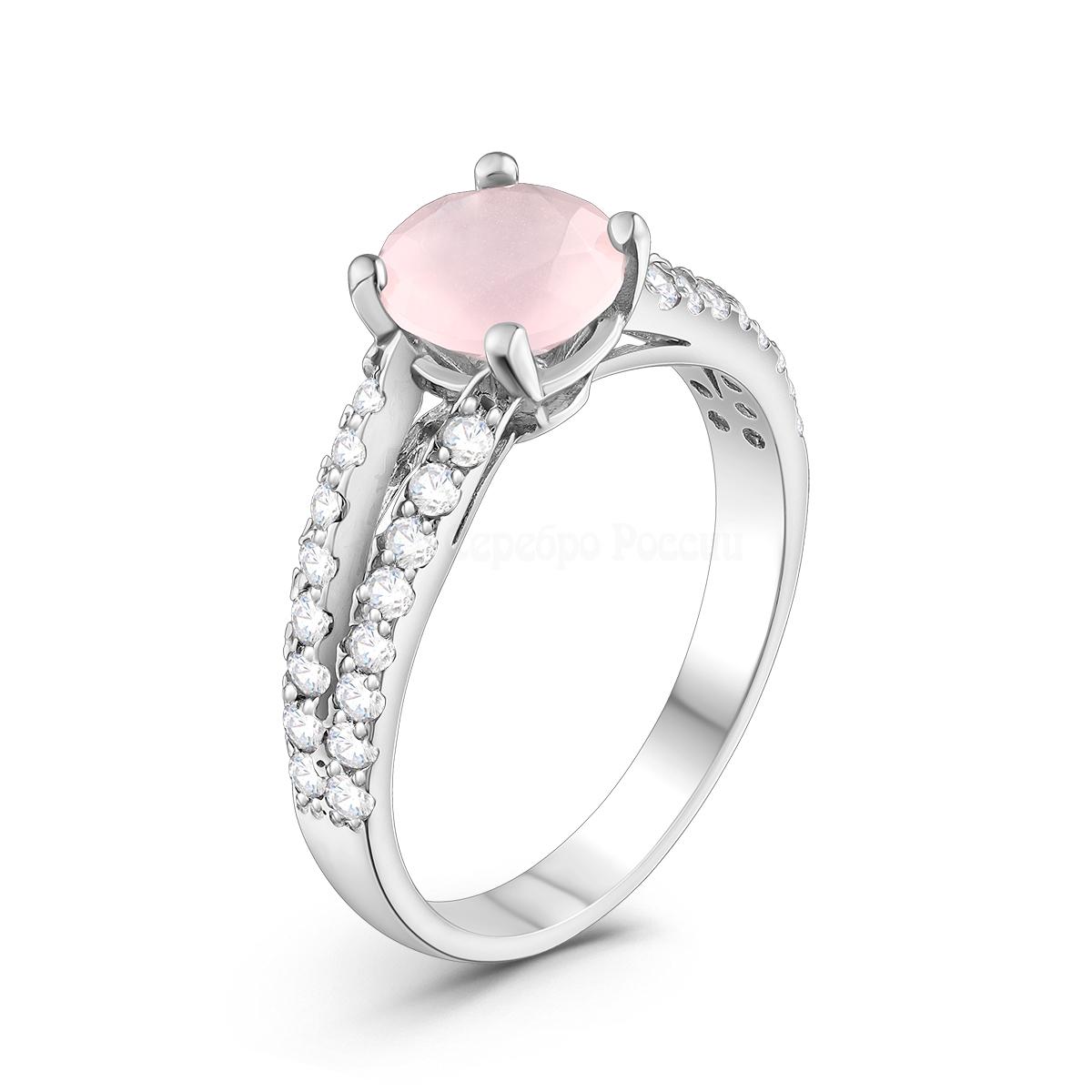 Кольцо из серебра с розовым кварцем и фианитами родированное 20033р121