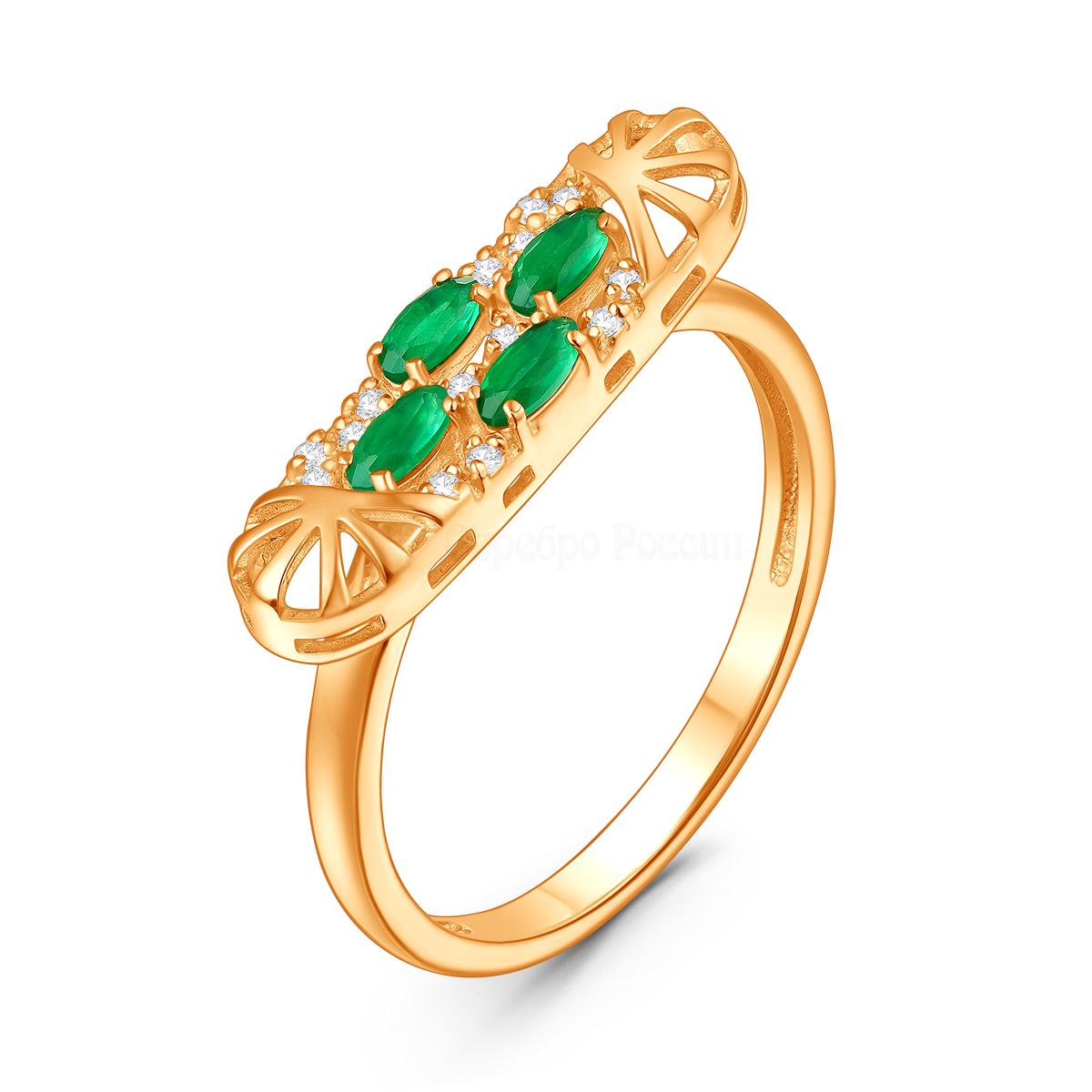 Кольцо из золочёного серебра с зелёным агатом и фианитами 05-201-0386-24 05-201-0386-24