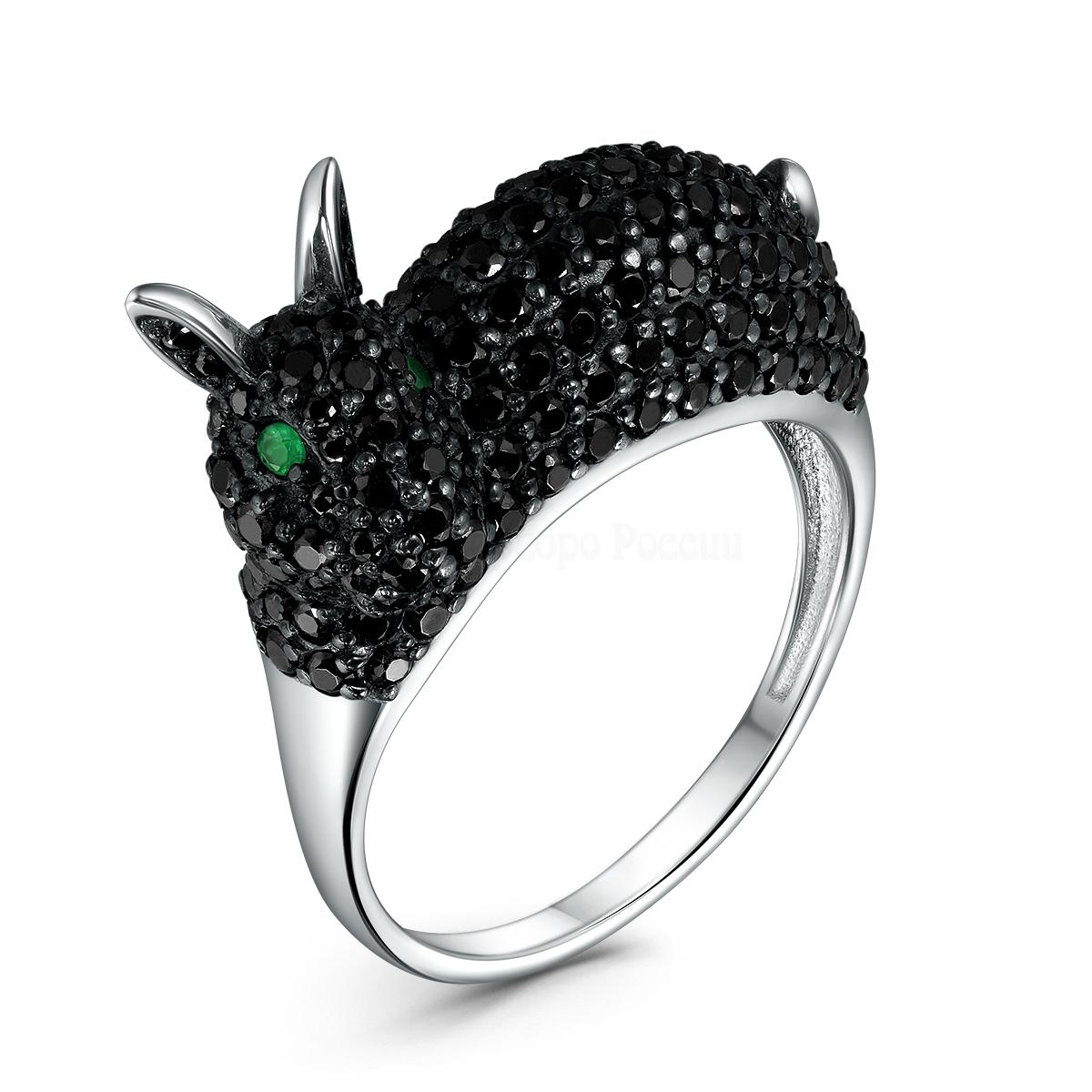 Кольцо из серебра с зелёным агатом и чёрной шпинелью родированное - Кролик 1-505рч41609 1-505рч41609