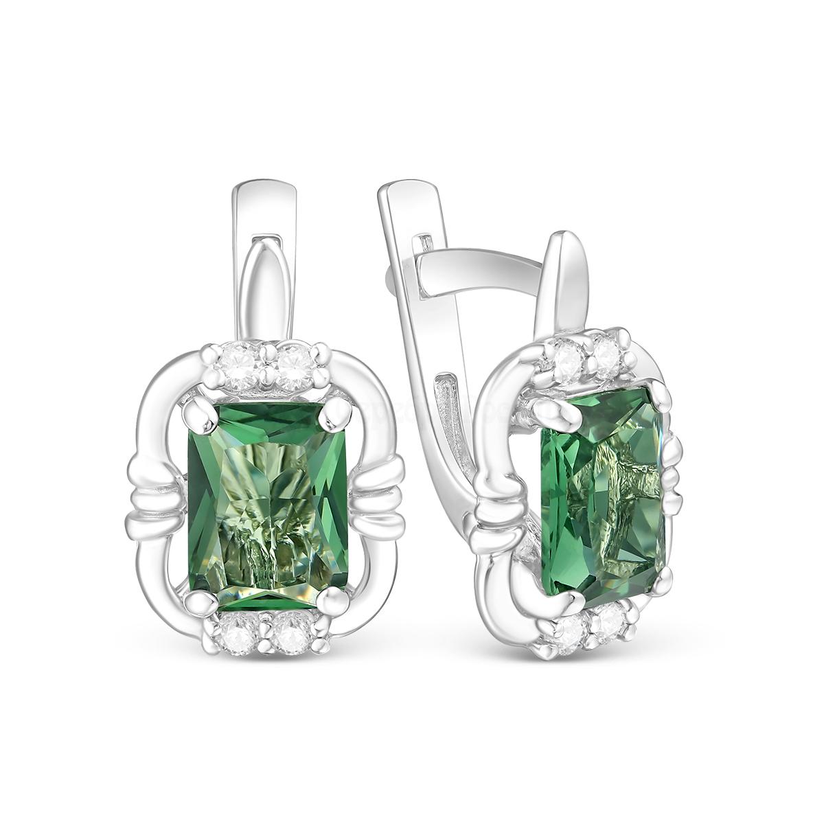 Серьги из серебра кристаллами цвета зелёный аметист и фианитами родированные 00043225РС