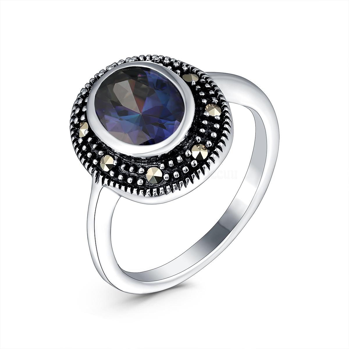 Кольцо из чернёного серебра с плавленым кварцем цвета мистик и марказитами GAR0210м GAR0210м