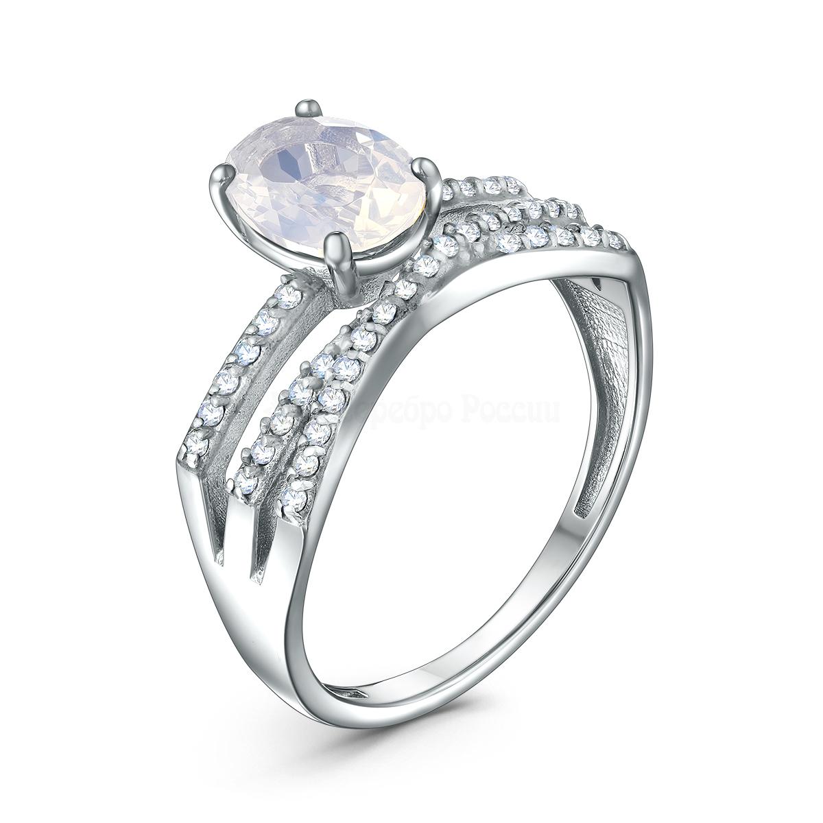 Кольцо из серебра с плавленым кварцем цвета лунный камень и фианитами родированное 1-537р136