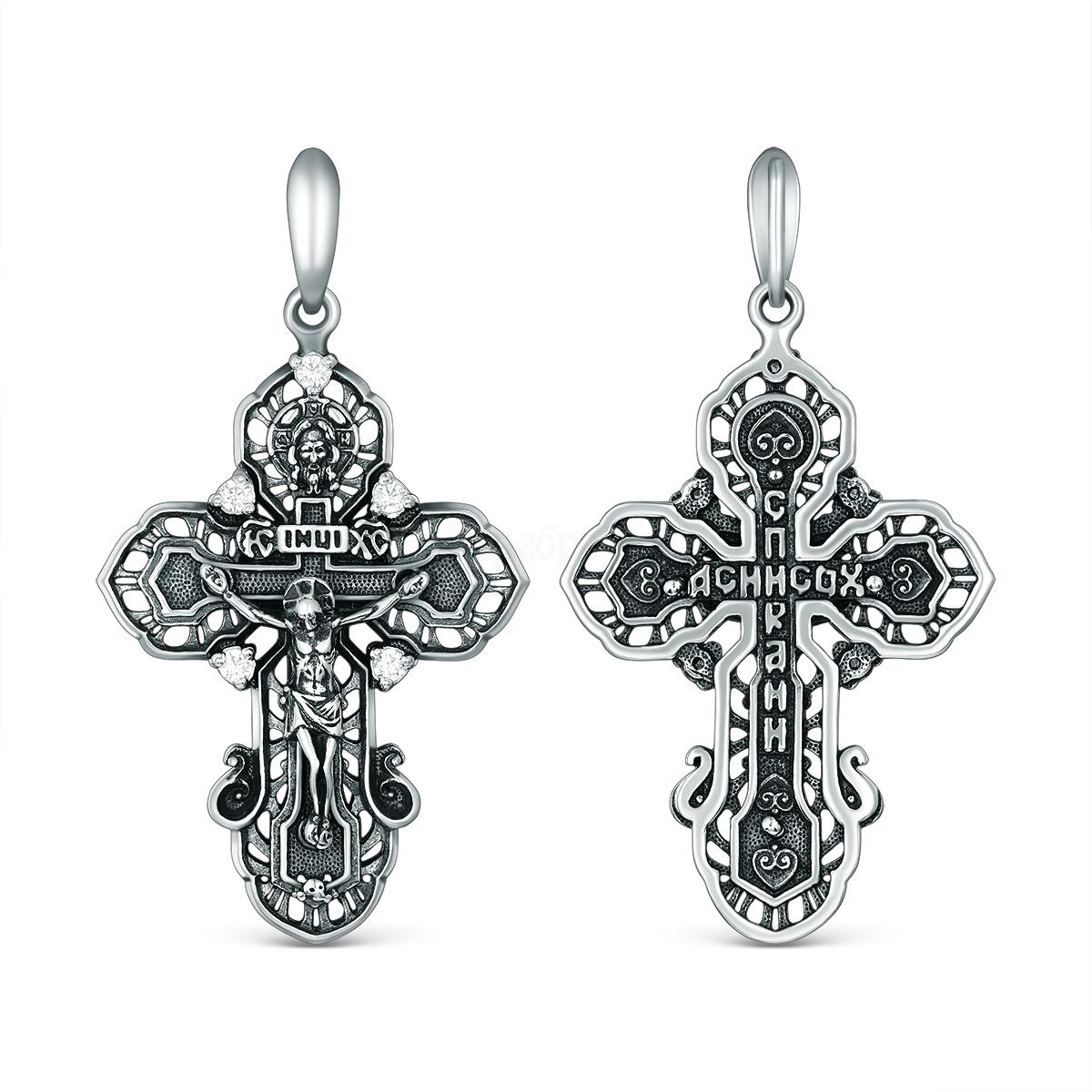 Крест православный из чернёного серебра и фианитами - Спаси и сохрани Кр-943 ч Кр-943 ч