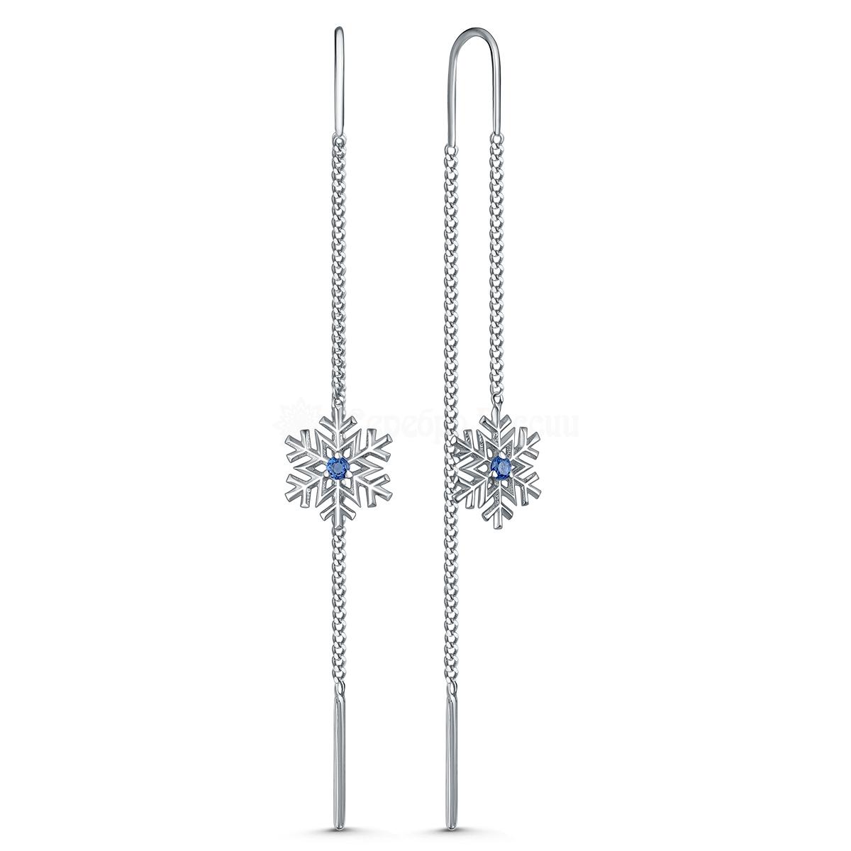 Серьги-продёвки из серебра с синими фианитами родированные - Снежинки с-0013р208