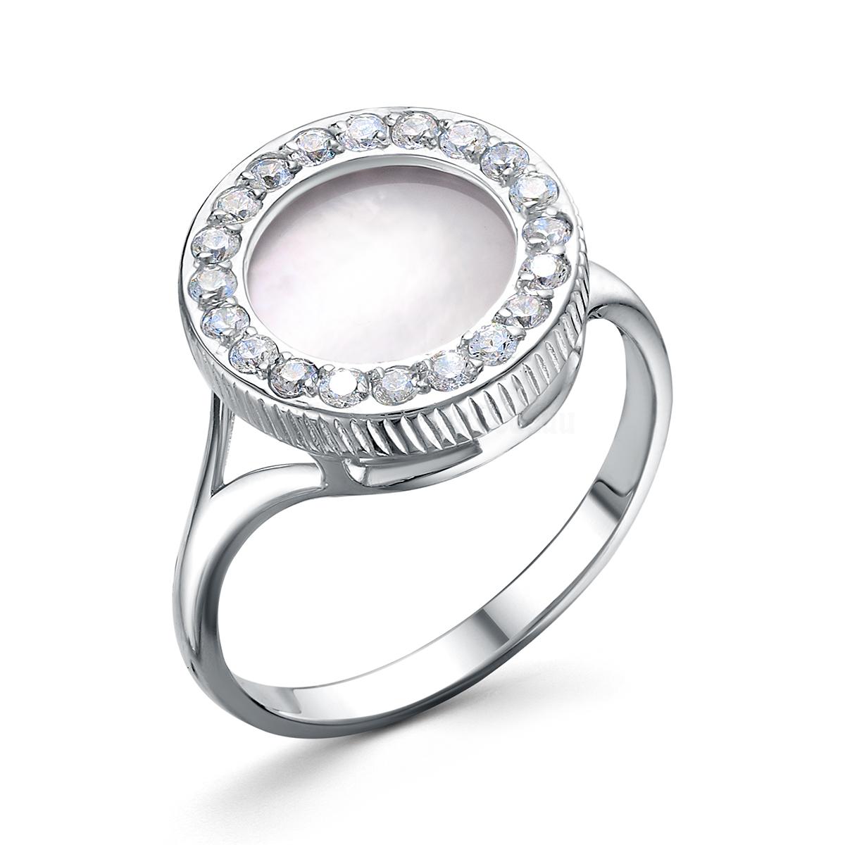 Кольцо из серебра с белым перламутром и фианитами родированное 211-10-001р 211-10-001р