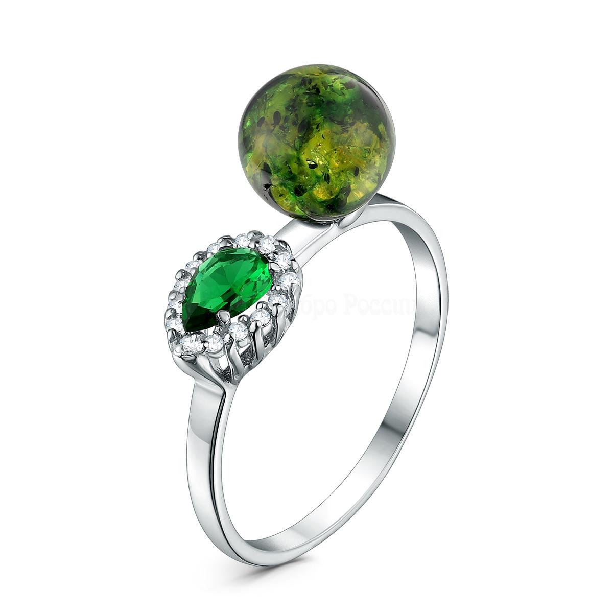 Кольцо из серебра с зелёным янтарём, ювелирным кристаллом и фианитами родированное 04-801-0038-09 04-801-0038-09
