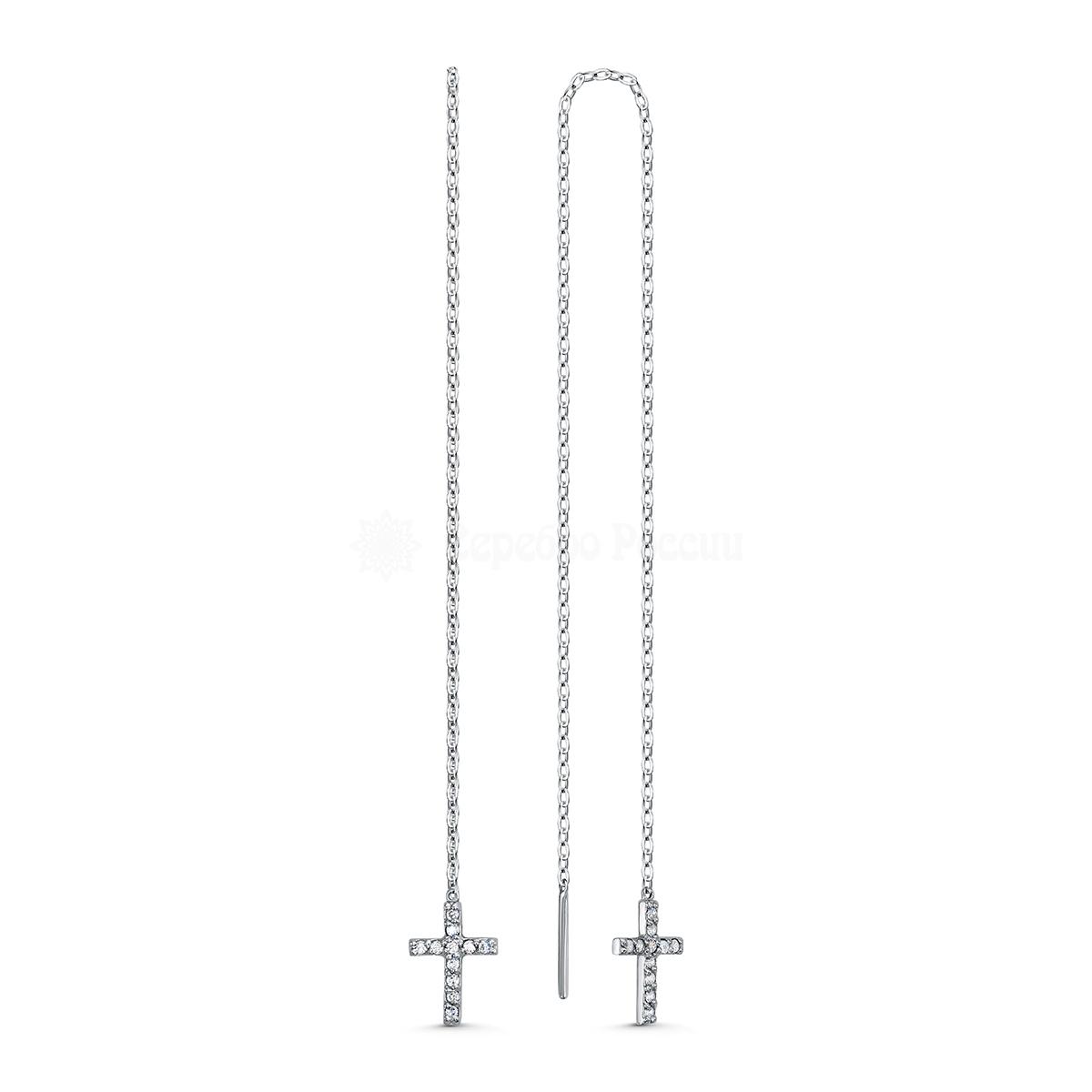 Серьги-продёвки из серебра с фианитами родированные - Кресты (длина всей цепи 19 см) 28068р 28068р
