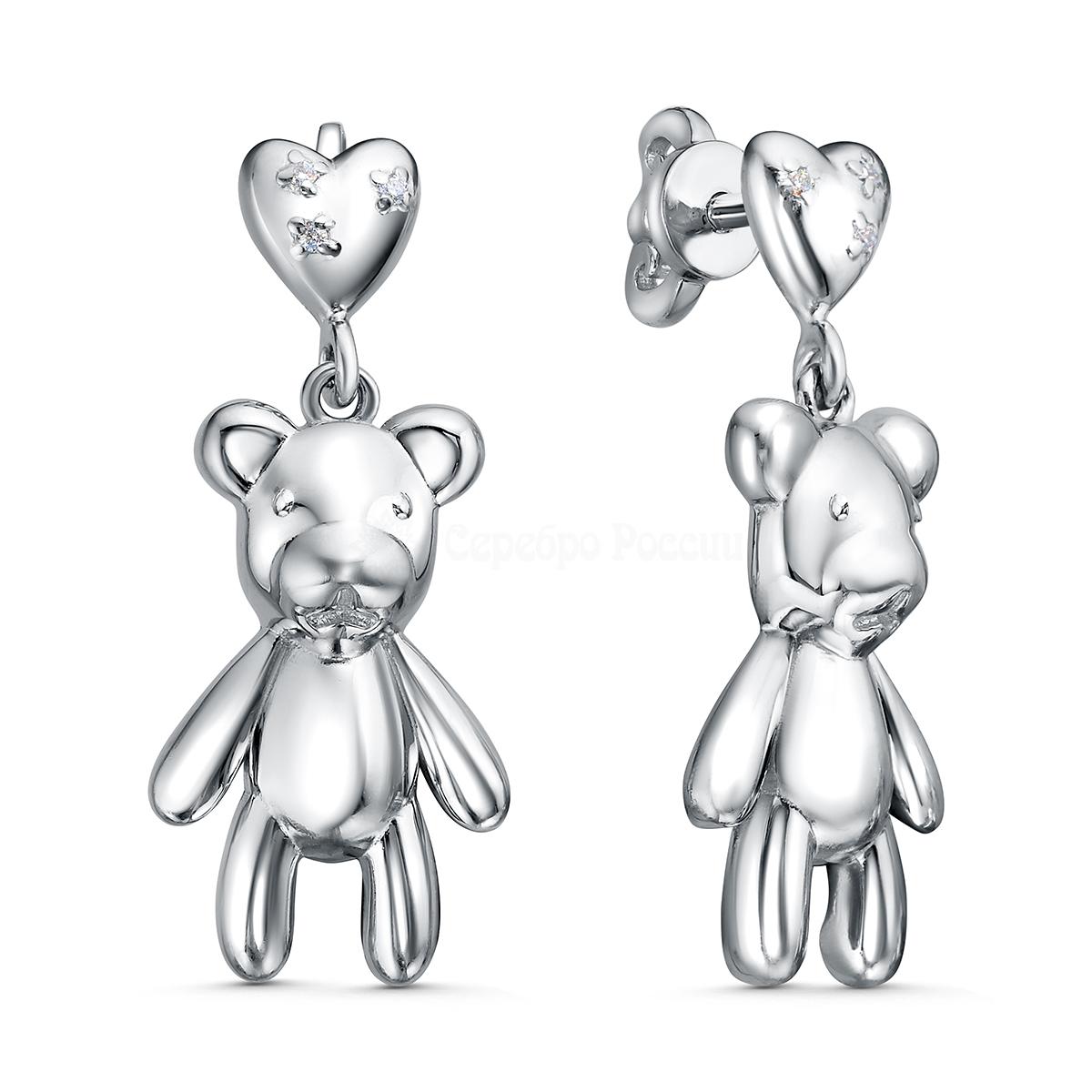 Серьги-пусеты из серебра с фианитами родированные - Мишки и сердца с-004р с-004р