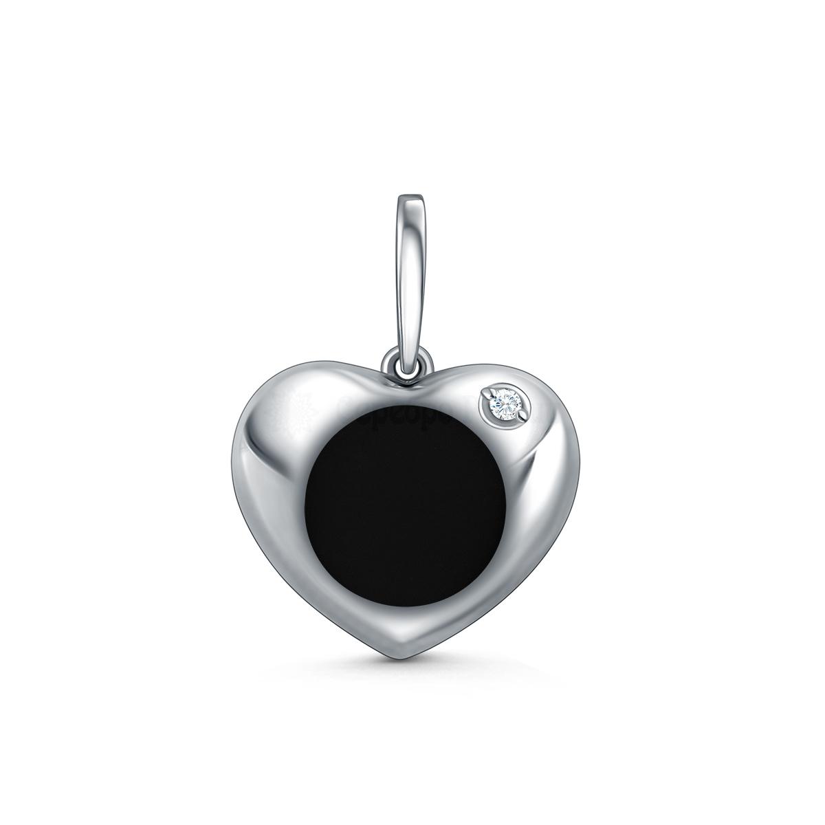 Подвеска из серебра с чёрным агатом и фианитом родированная - Сердце П-2689-Р-Ча П-2689-Р-Ча