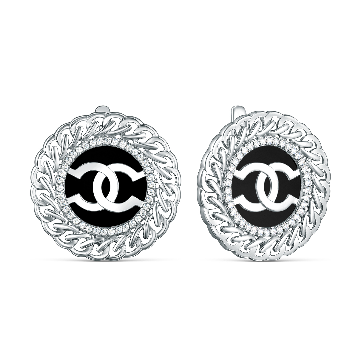 Серьги женские из серебра с чёрным агатом и фианитами