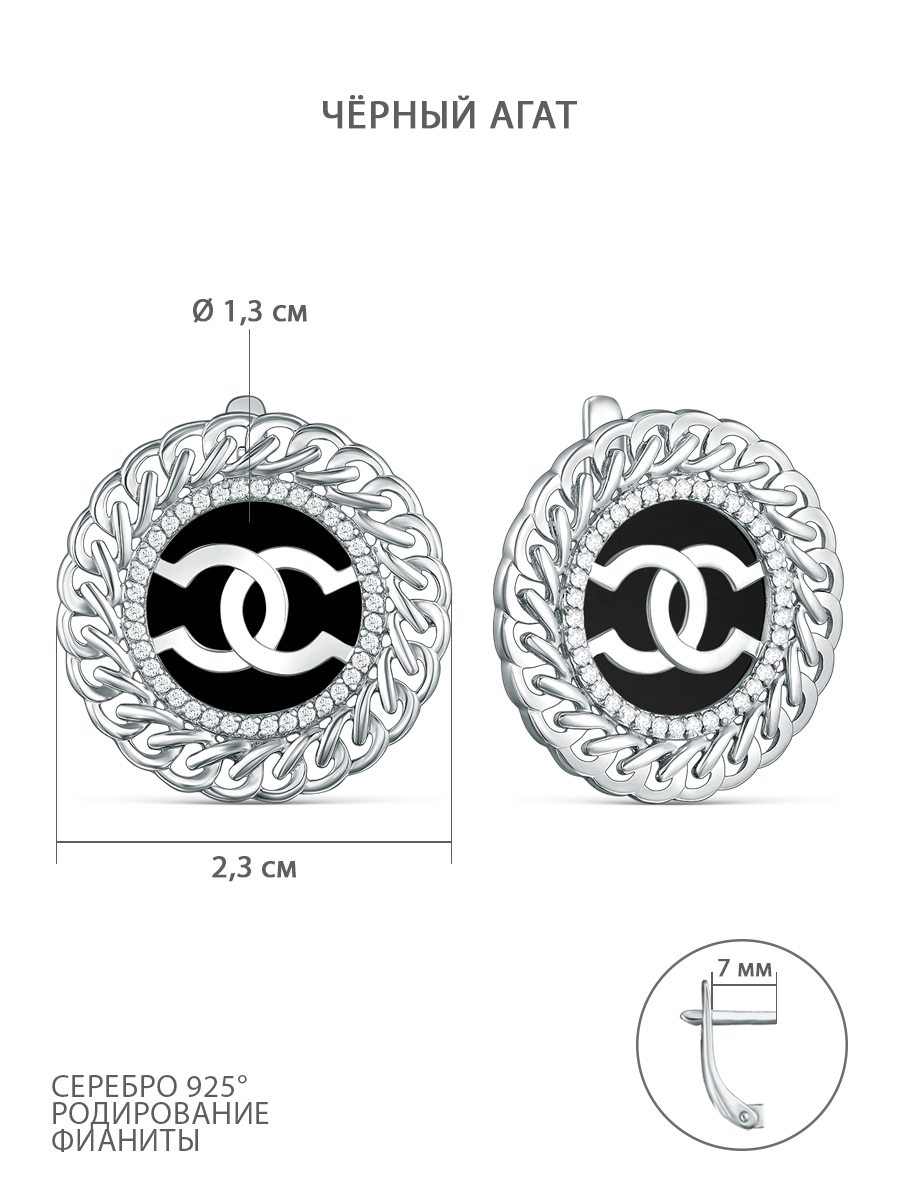 Серьги женские из серебра с чёрным агатом и фианитами