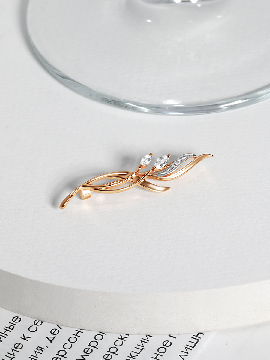 Брошь из золочёного серебра с горным хрусталём, фианитами и родированием БДБр-006з429