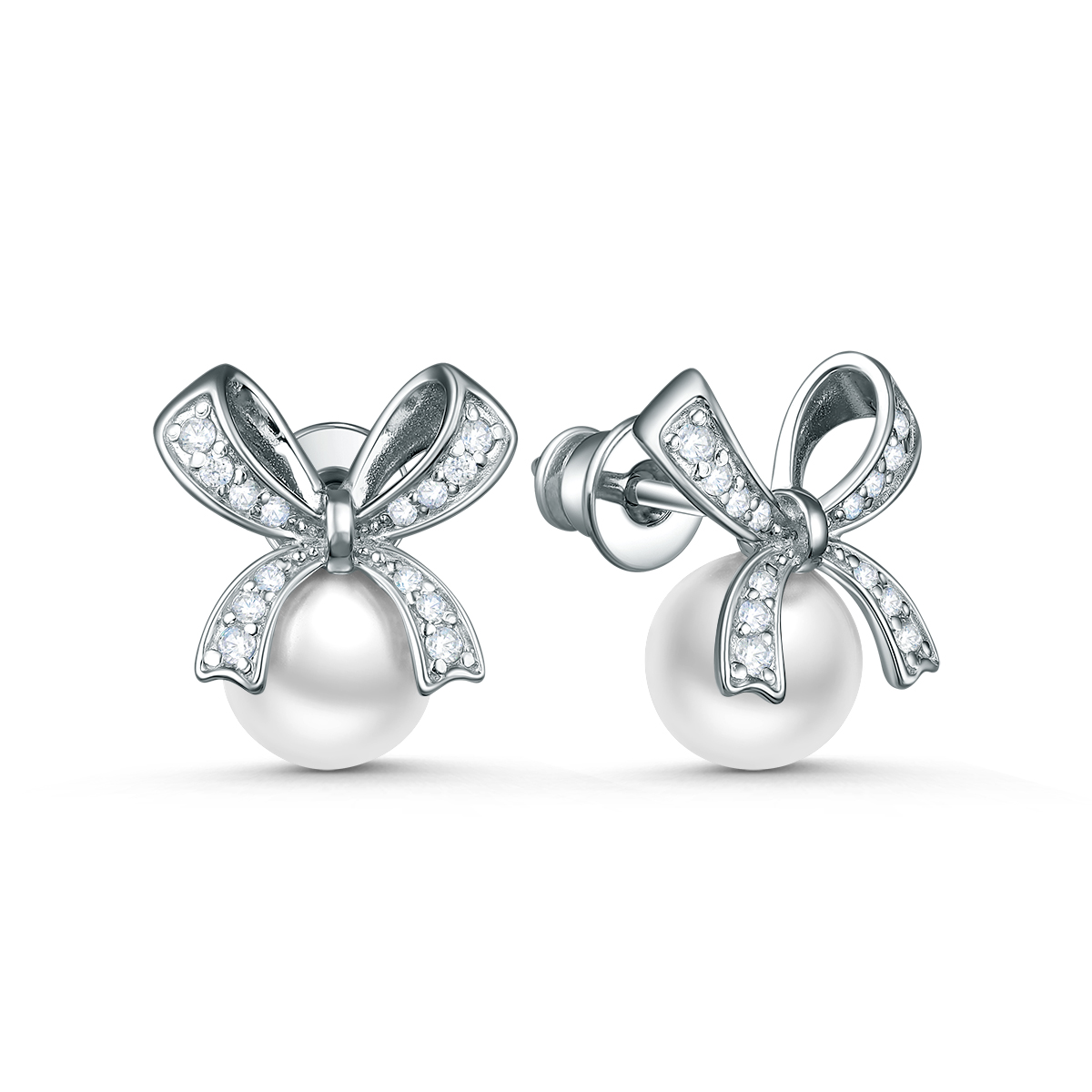 Серьги-пусеты из серебра с жемчуг Swarovski и фианитами родированные - Бантики 2-146р1001