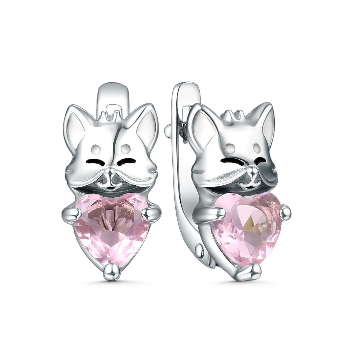 Серьги из серебра с эмалью и фианитами родированные - Лисички с сердцем 2313065