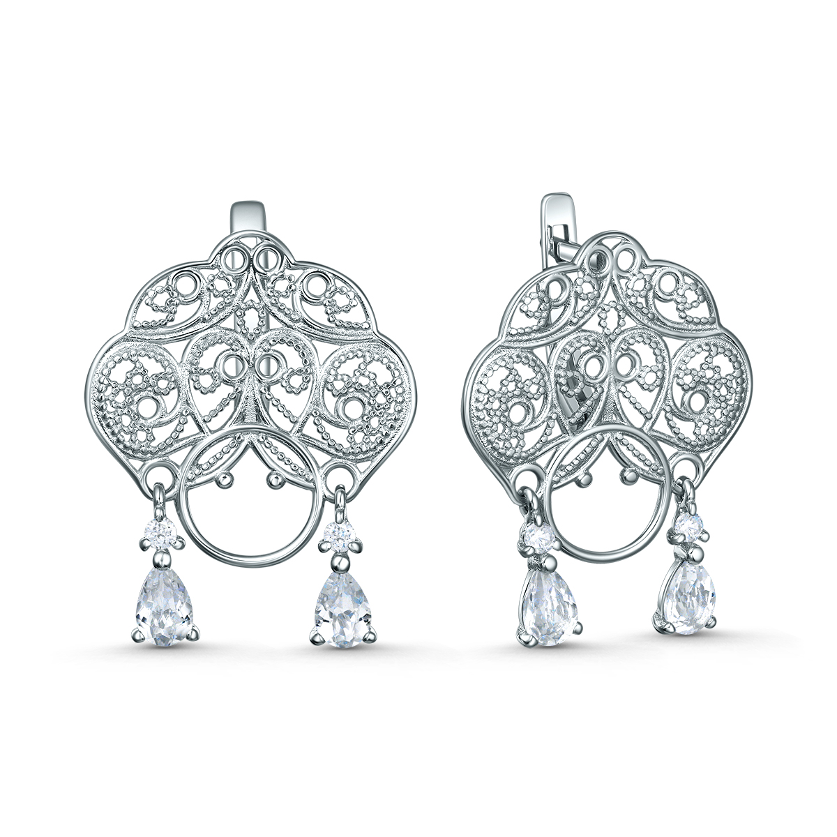 Серьги кокошники из серебра с натуральным горным хрусталём и фианитами родированные 2-721р42900